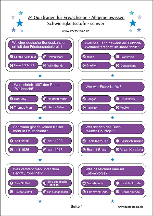 Quizfragen Mit Antworten Zum Ausdrucken Für Kinder 12 Jahren